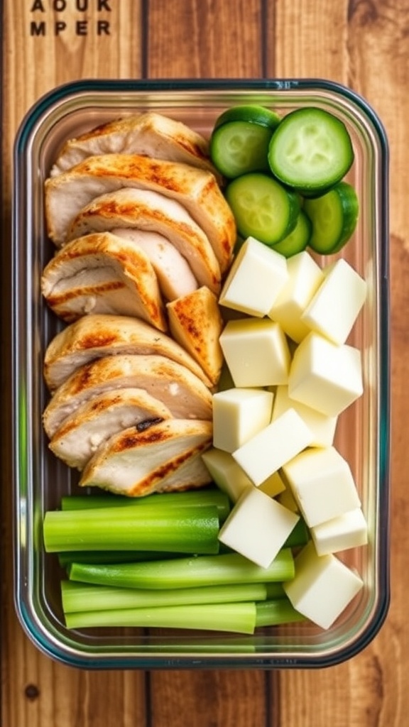 A packed lunchbox with grilled chicken, hard-boiled eggs, cheese, and fresh vegetables.